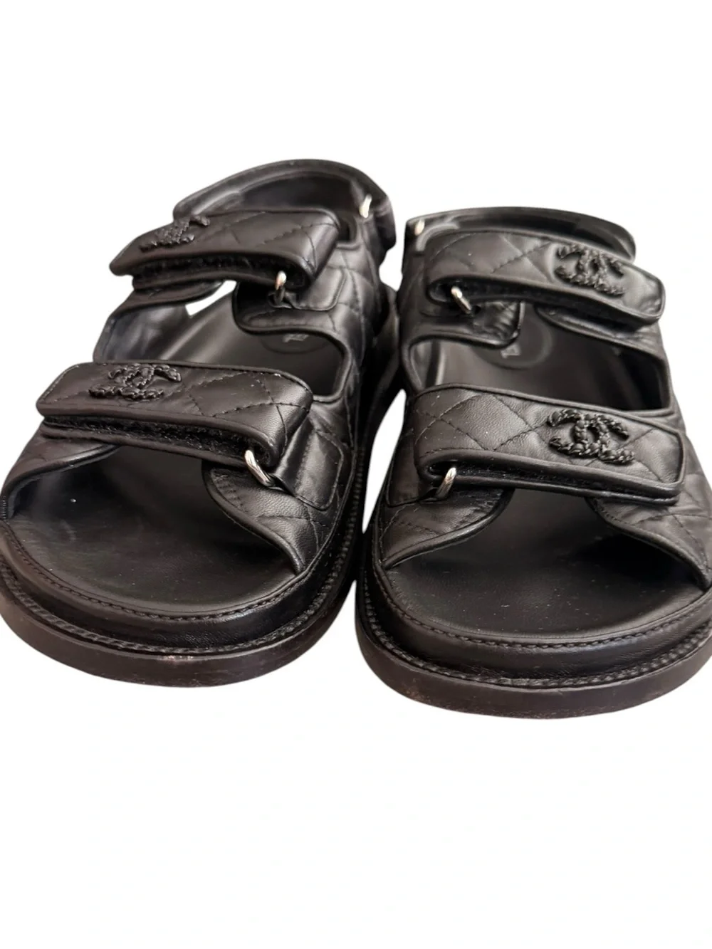 CHANEL Black Quilted Leather Kids Double-Strap Sandals